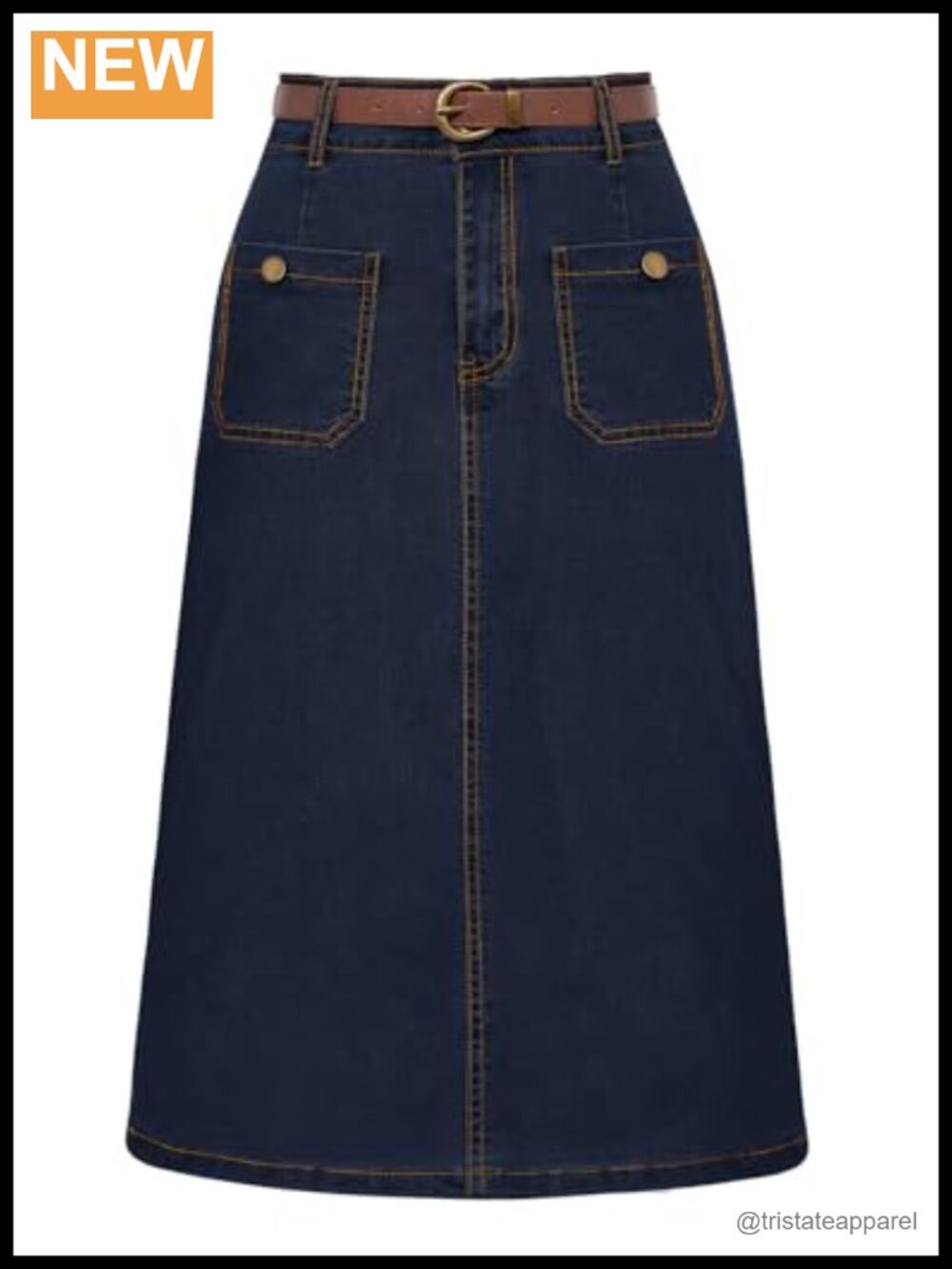 High Waist Denim Skirt with Belt Below Knee Jean Skirt Women